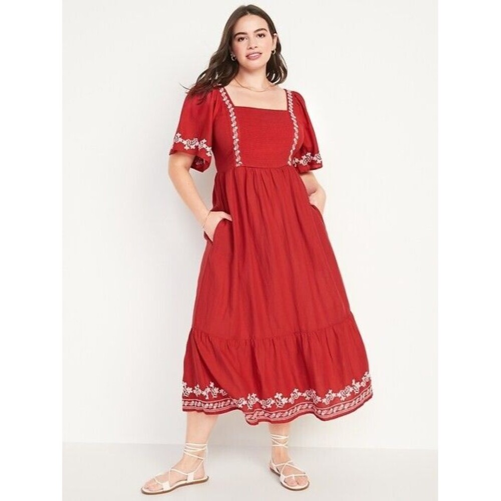 Old Navy Red Midi Dress with White Embroidery